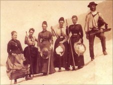 Mary Taylor and her friends, outfitted for mountain climbing