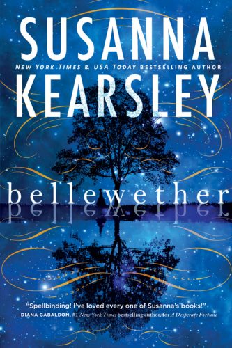Belleweather by Susanna Kearsley. The cover is a royal blue and it's showing a scene at nighttime. There's a dark, shadowy tree in the middle, also reflected in the shiny water below it. It's surrounded by a starry sky and golden whorls. There's a silhouette of a woman in a dress beneath the tree.