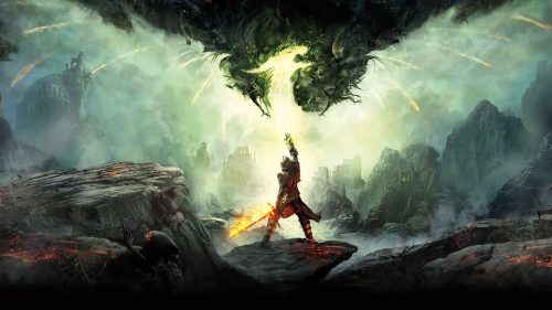 Artwork from the video game Dragon Age where a dragon is descending from the sky and a character is standing there, undaunted.