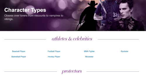 Character types menu on Audible Romance