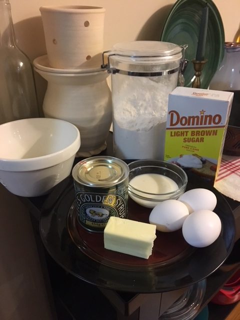 Ingredients! Golden Syrup, flour, brown sugar, milk, eggs, and butter.