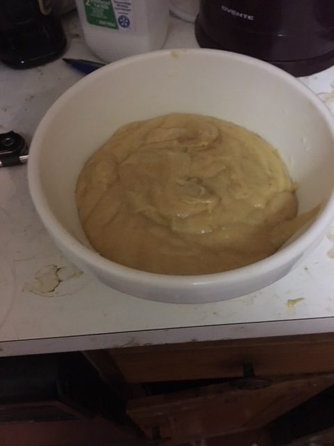 Batter in the pudding basin, about half full.