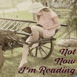 Not Now I"m reading a vintage photograph of a girl in a pink shirt dress and a floppy hat in some kind of a wagon reading a book