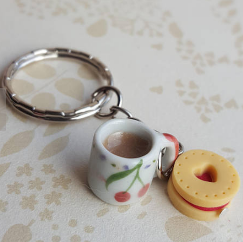 tea and biscuit key ring with tiny clay tea mug and cookie