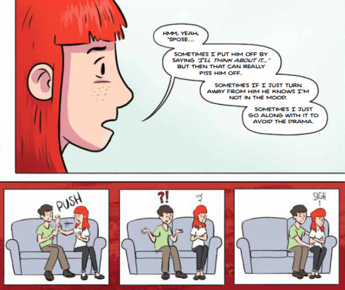 A woman describes how just "no" isn't an answer for her partner. Some times she has to push him away, other times she'll turn away from him and be in a bad mood, and other times she mentions she'll just go along with it to avoid an argument.