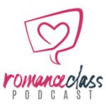 Romance Class podcast with a pink heart inside a text bubble drawn on a white background