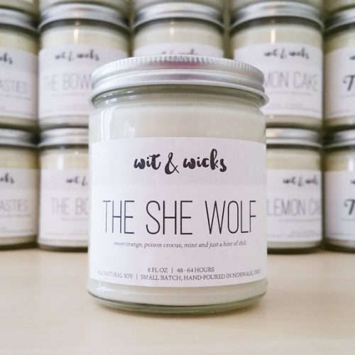 Wit and wicks she wolf candle. A white candle in a clear jar with a crisp, white label.