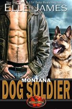 Montana Dog Soldier by Elle James. A shirtless and headless man is standing on a rocky beach. He's wearing a worn leather jacket. A German Shepard dog sits nearby, staring up lovingly at the man.