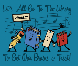 Let's all go to the library to get our brains a treat in the style of the lets go to the lobby movie animation