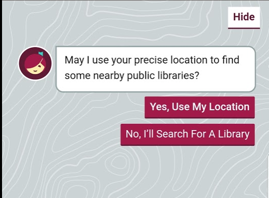 Libby icon asking in a faux text message converastion May I use your precise location to find some nearby public libraries?