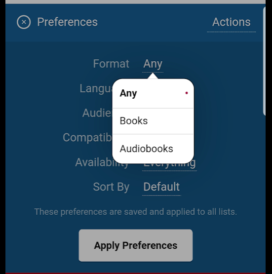 Preferences: do I want any, books or audiobooks when I search Libby? 