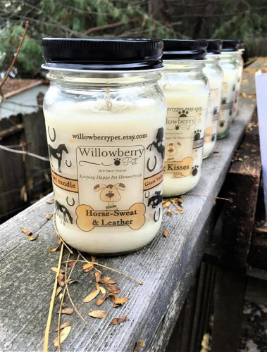 Willowberry Pet Horse Sweat and Leather scented candle. A white candle in a large mason jar sits on a worn wooden railing. The label has horses on it.