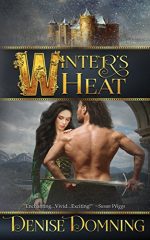 Winter's Heat by Denise Domning. There's a castle in the background. The hero is facing away from the cover. He is shirtless and his hands are on his hips. The heroine is fully clothed in a green dress. She's facing the reader. She puts a comforting hand on the hero's shoulder while glancing down at his bits and bobs.