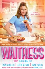 Waitress musical poster. A sandy-haired woman in a waitress uniform and apron, serves a slice of pie over a bright, wooden counter.