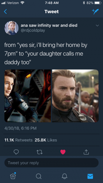 A tweet from @rdjcoldplay that has a picture of a clean cut Cap next to brooding bearded Cap. The caption says From "Yes sir I'll bring her home at 7 pm" to "Your daughter calls me Daddy too."
