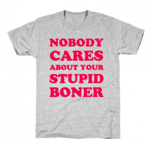 Grey tee with red letters that read NOBODY CARES about your STUPID BONER