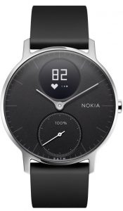 Withings Steel HR watch with a black leather band and a black face.