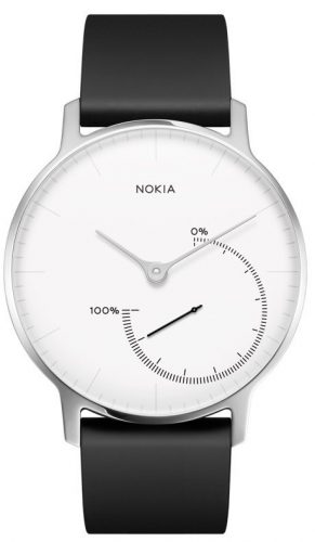 Withings Steel watch with a white face and black leather band.