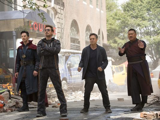 Dr Strange, Tony Stark, Bruce Banner, and Wong stand in a NY street where some shit is obviously about to go down
