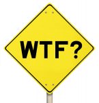 A yellow street sign that says WTF? 