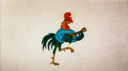 Alan A Dale the rooster from Disney's Robin Hood singing and playing his lute while strutting against a parchment like background