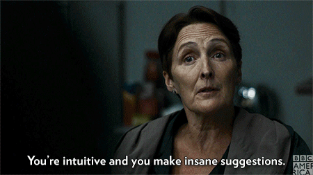 Carolyn tells Eve, "You're intuitive and you make insane suggestions" to which Eve replies, "Thank you!"