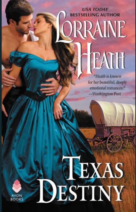 A man with his shirt open but unbuttoned holds a woman in a flowing gown in an embrace. There's a covered wagon behind them