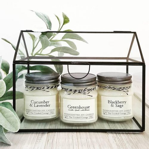 Three white candles in glass jars inside a metal mini greenhouse frame.