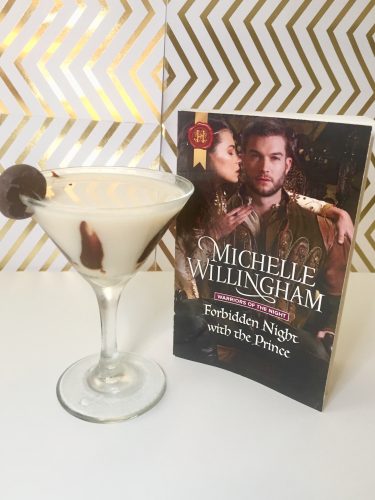 A white chocolate coffee martini next to a historical romance