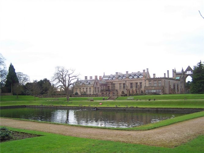A view of Newstead Abbey from pond, a square one set into the earth