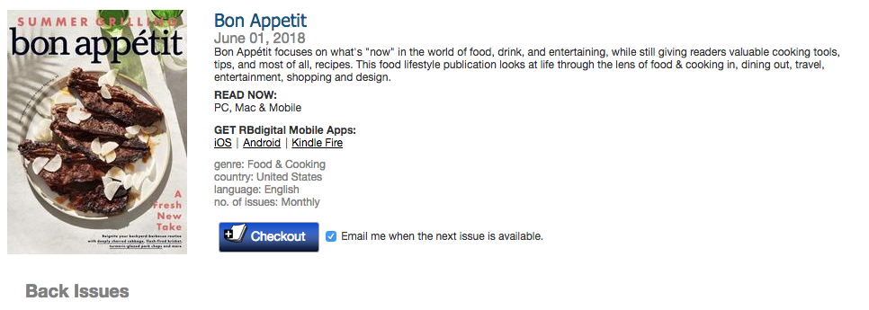 Bon Appetit magazine description of the july 2018 issue along with a button to check out the title and a checkbox to be alerted to new issues