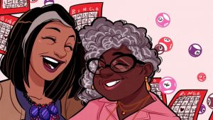 Now and older couple, Mari and Hazel laugh over a bingo game