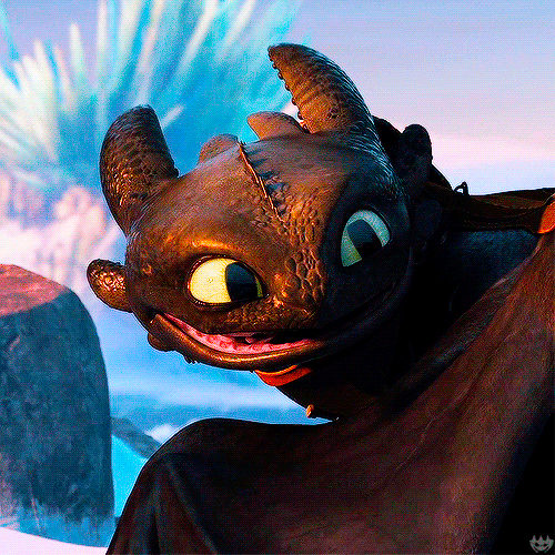 Toothless the dragon with a silly smile looking over his shoulder