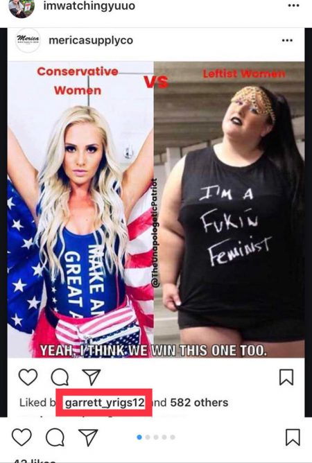 On the left side Tomi Lahren poses in a swimsuit and American flag under the words conservative woman. On the right a woman wears a black shirt that says I'm a fucking feminist under the words leftist woman.The caption on the bottom says "yeah I think we won this one too"