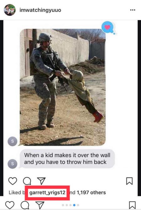 A solider swings a little boy by his arms. The caption is when a kid makes it over the wall and you have to throw him back