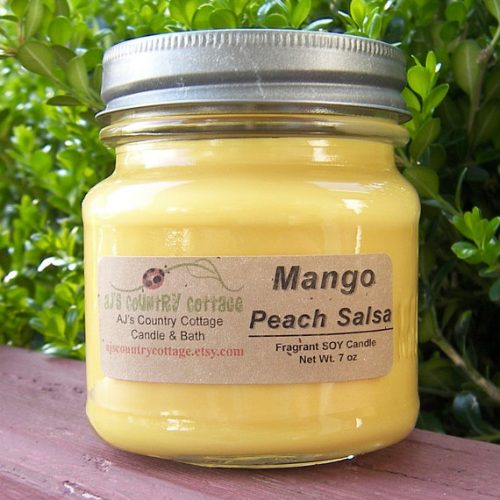 A yellow candle in a square mason jar. The label is a brown parchment texture.