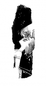 Sketch of Lore Olympus a rough edged sort of marker crossed with watercolor style of Persephone leaning back onto Hades' shoulder