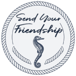Send your Friendship a circle logo with a seahorse and the words Send Your Friendship