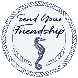 Send your Friendship a circle logo with a seahorse and the words Send Your Friendship