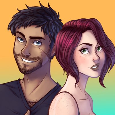 A comic illustration of a scruff man and a red-haired, freckly woman.