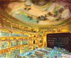 A painting of the theatre-now-bookstore in argentina, with gold walls, boxes for sitting and reading, and a general browsing floor where the orchestra and floor seats would be