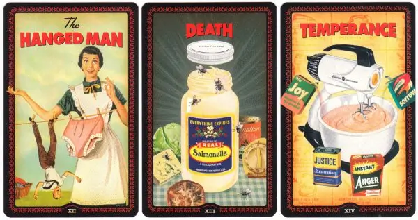 The Hanged Man Death and temperance. Hanged man is a man hung by a clothesline, death is a jar of salmonella because everything expires, and temperance is a mixer surrounded by ingredients like joy justice anger and sorrow