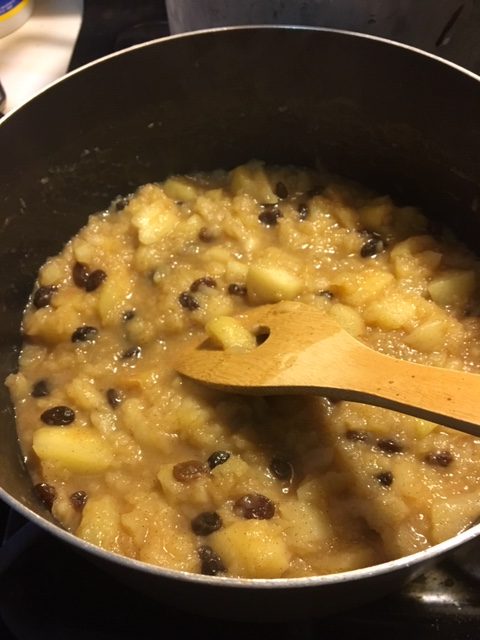 Filling in the pot, cooked down with the raisins. It looks like a very chunky applesauce.