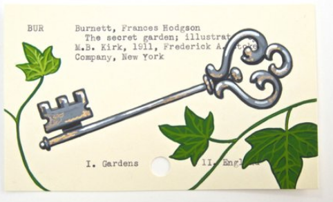 Secret Garden Library Card with ivy leaves and a metal scroll key painted on it 