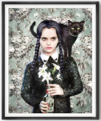 Wednesday Addams print in black against a green floral background 