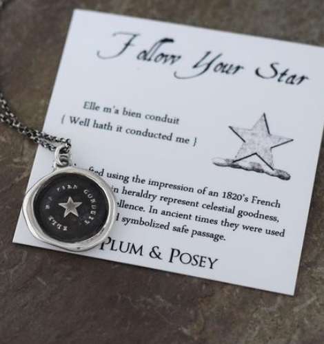 A star wax seal in silver, with a card explaining the meaning of the seal and the words around it in french, elle m'a bien conduit