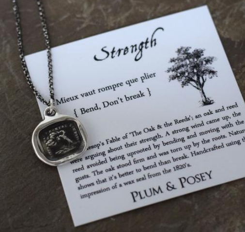 Wax seal with a blowing tree and Bend don't break in French, impressed into a disk of silver or pewter