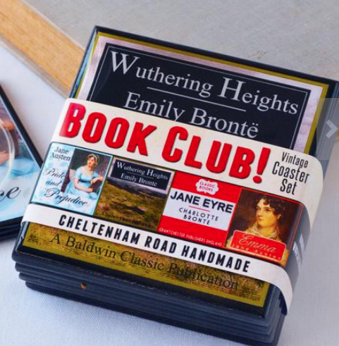 Book club vintage book cover coasters featuring Jane Austen, Emily Bronte 