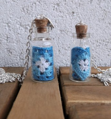 Blue crochet miniature pendant with choice of crochet square or heart 