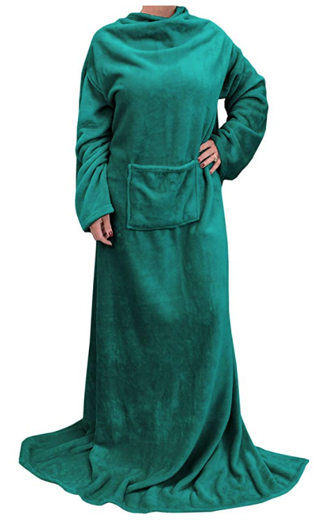 Plush wearable blanket with sleeves and a pocket in teal 